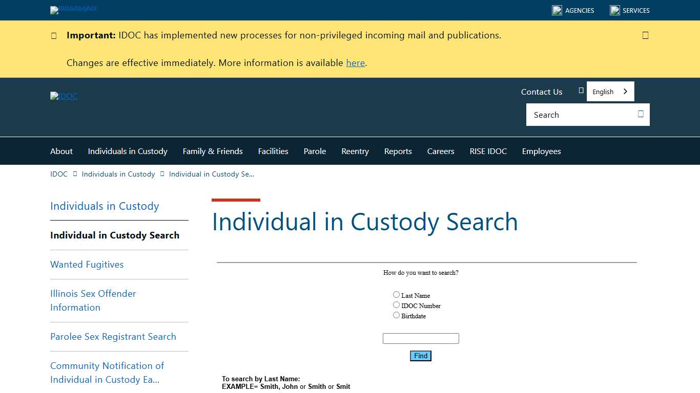 Individual in Custody Search