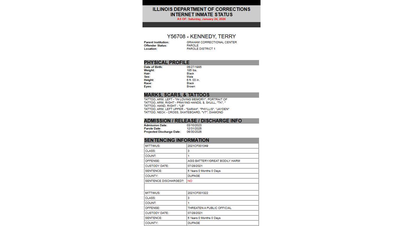 State of Illinois DEPARTMENT OF CORRECTIONS Inmate Search Results