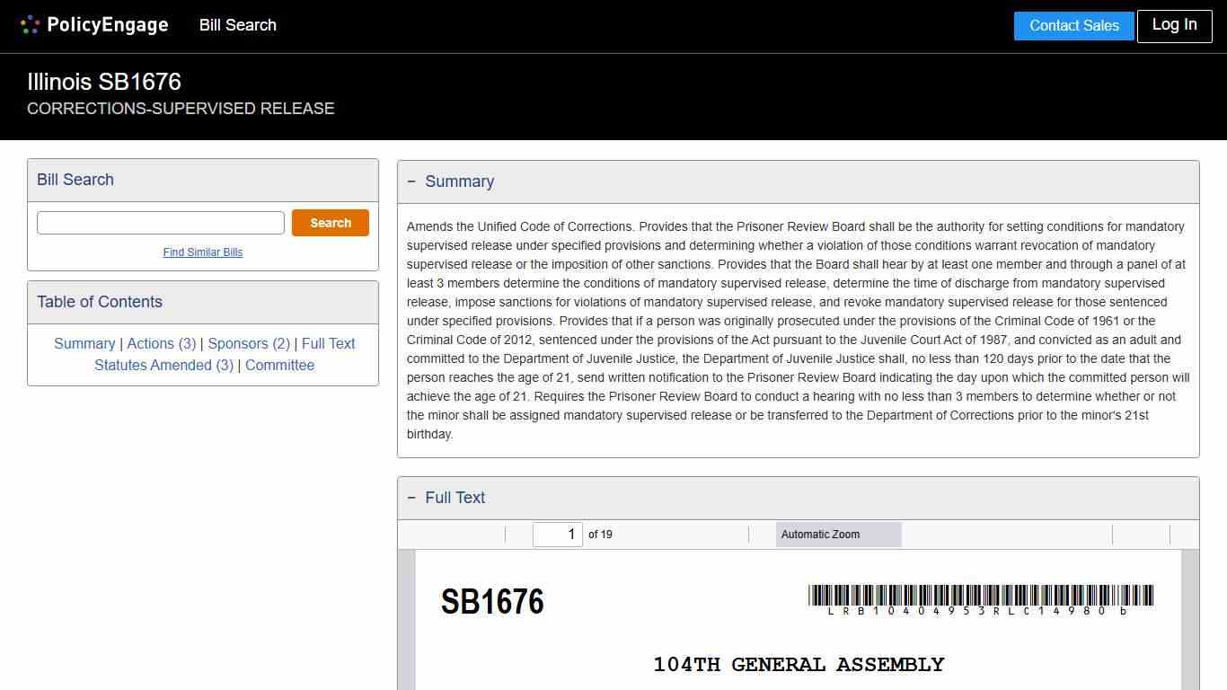 SB1676 Illinois 2025-2026 CORRECTIONS-SUPERVISED RELEASE - Legislative Tracking PolicyEngage